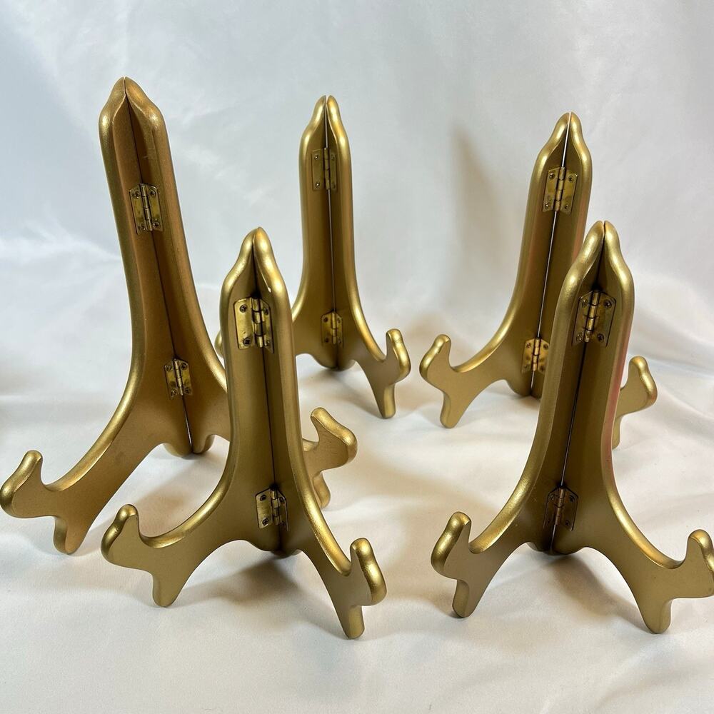 Vintage Pier 1 Gold Matte Wood Plate Art Stand Easels Set of 5 (4 reg, 1 large)